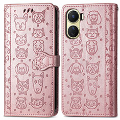 Leather Case Stands Fashionable Pattern Flip Cover Holder S03D for Vivo Y02S Rose Gold