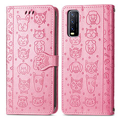 Leather Case Stands Fashionable Pattern Flip Cover Holder S03D for Vivo Y12A Pink