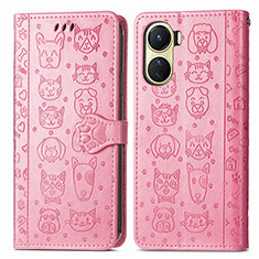 Leather Case Stands Fashionable Pattern Flip Cover Holder S03D for Vivo Y16 Pink