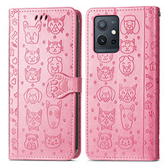 Leather Case Stands Fashionable Pattern Flip Cover Holder S03D for Vivo Y33e 5G Pink