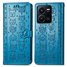 Leather Case Stands Fashionable Pattern Flip Cover Holder S03D for Vivo Y35 4G Blue