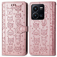 Leather Case Stands Fashionable Pattern Flip Cover Holder S03D for Vivo Y35 4G Rose Gold