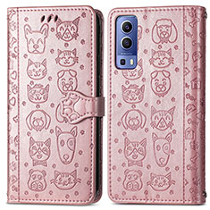 Leather Case Stands Fashionable Pattern Flip Cover Holder S03D for Vivo Y52 5G Rose Gold