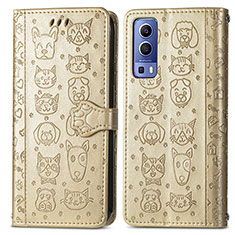 Leather Case Stands Fashionable Pattern Flip Cover Holder S03D for Vivo Y72 5G Gold