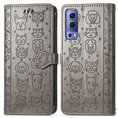 Leather Case Stands Fashionable Pattern Flip Cover Holder S03D for Vivo Y72 5G Gray