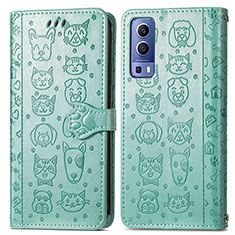 Leather Case Stands Fashionable Pattern Flip Cover Holder S03D for Vivo Y72 5G Green