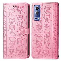 Leather Case Stands Fashionable Pattern Flip Cover Holder S03D for Vivo Y72 5G Pink