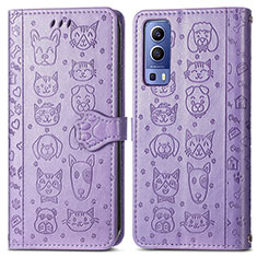 Leather Case Stands Fashionable Pattern Flip Cover Holder S03D for Vivo Y72 5G Purple