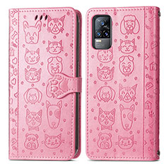 Leather Case Stands Fashionable Pattern Flip Cover Holder S03D for Vivo Y73 (2021) Pink