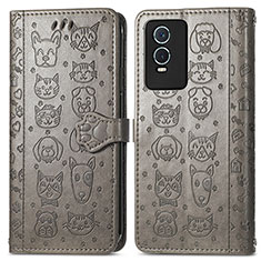 Leather Case Stands Fashionable Pattern Flip Cover Holder S03D for Vivo Y74s 5G Gray