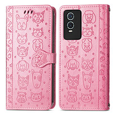 Leather Case Stands Fashionable Pattern Flip Cover Holder S03D for Vivo Y74s 5G Pink