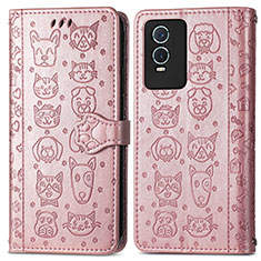 Leather Case Stands Fashionable Pattern Flip Cover Holder S03D for Vivo Y74s 5G Rose Gold