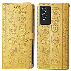 Leather Case Stands Fashionable Pattern Flip Cover Holder S03D for Vivo Y74s 5G Yellow