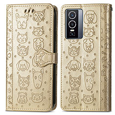 Leather Case Stands Fashionable Pattern Flip Cover Holder S03D for Vivo Y76 5G Gold