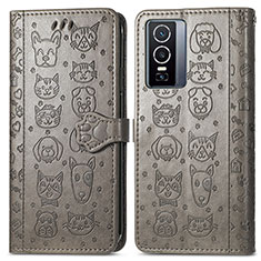 Leather Case Stands Fashionable Pattern Flip Cover Holder S03D for Vivo Y76 5G Gray