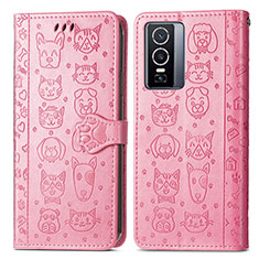 Leather Case Stands Fashionable Pattern Flip Cover Holder S03D for Vivo Y76 5G Pink