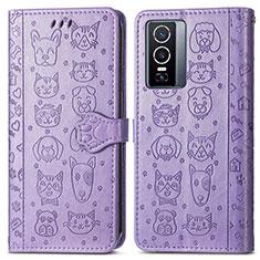 Leather Case Stands Fashionable Pattern Flip Cover Holder S03D for Vivo Y76 5G Purple