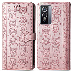 Leather Case Stands Fashionable Pattern Flip Cover Holder S03D for Vivo Y76 5G Rose Gold