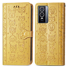 Leather Case Stands Fashionable Pattern Flip Cover Holder S03D for Vivo Y76 5G Yellow