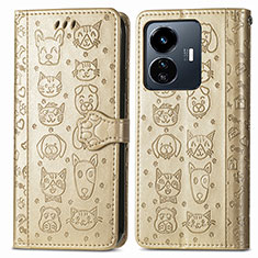 Leather Case Stands Fashionable Pattern Flip Cover Holder S03D for Vivo Y77 5G Gold