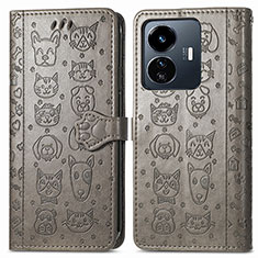 Leather Case Stands Fashionable Pattern Flip Cover Holder S03D for Vivo Y77 5G Gray