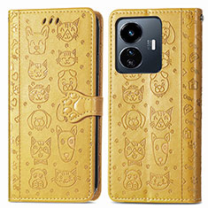 Leather Case Stands Fashionable Pattern Flip Cover Holder S03D for Vivo Y77 5G Yellow