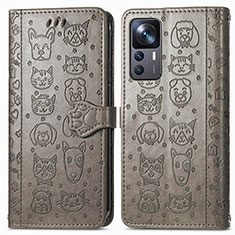 Leather Case Stands Fashionable Pattern Flip Cover Holder S03D for Xiaomi Mi 12T 5G Gray