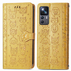 Leather Case Stands Fashionable Pattern Flip Cover Holder S03D for Xiaomi Mi 12T 5G Yellow