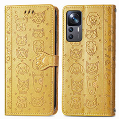 Leather Case Stands Fashionable Pattern Flip Cover Holder S03D for Xiaomi Mi 12T Pro 5G Yellow