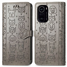 Leather Case Stands Fashionable Pattern Flip Cover Holder S03D for Xiaomi Poco F3 5G Gray