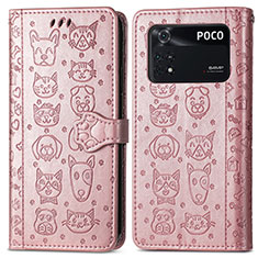 Leather Case Stands Fashionable Pattern Flip Cover Holder S03D for Xiaomi Poco M4 Pro 4G Pink