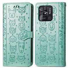 Leather Case Stands Fashionable Pattern Flip Cover Holder S03D for Xiaomi Redmi 10 India Green