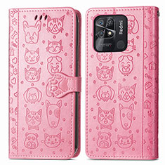Leather Case Stands Fashionable Pattern Flip Cover Holder S03D for Xiaomi Redmi 10 India Pink