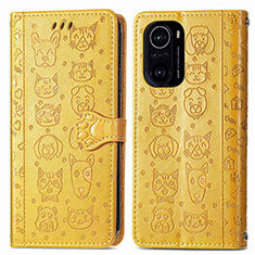 Leather Case Stands Fashionable Pattern Flip Cover Holder S03D for Xiaomi Redmi K40 5G Yellow