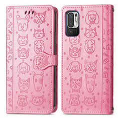 Leather Case Stands Fashionable Pattern Flip Cover Holder S03D for Xiaomi Redmi Note 10T 5G Pink