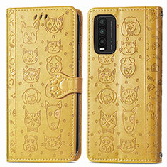 Leather Case Stands Fashionable Pattern Flip Cover Holder S03D for Xiaomi Redmi Note 9 4G Yellow