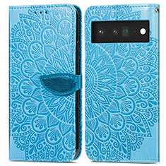 Leather Case Stands Fashionable Pattern Flip Cover Holder S04D for Google Pixel 6 5G Blue