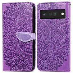 Leather Case Stands Fashionable Pattern Flip Cover Holder S04D for Google Pixel 6 5G Purple