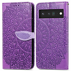 Leather Case Stands Fashionable Pattern Flip Cover Holder S04D for Google Pixel 6 Pro 5G Purple