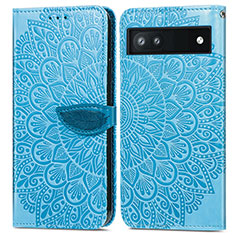 Leather Case Stands Fashionable Pattern Flip Cover Holder S04D for Google Pixel 6a 5G Blue