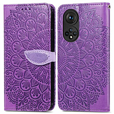 Leather Case Stands Fashionable Pattern Flip Cover Holder S04D for Huawei Honor 50 5G Purple