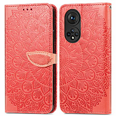 Leather Case Stands Fashionable Pattern Flip Cover Holder S04D for Huawei Honor 50 5G Red