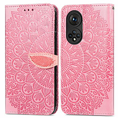 Leather Case Stands Fashionable Pattern Flip Cover Holder S04D for Huawei Honor 50 5G Rose Gold