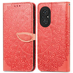 Leather Case Stands Fashionable Pattern Flip Cover Holder S04D for Huawei Honor 50 SE 5G Red