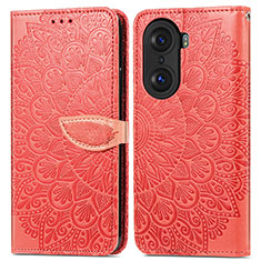 Leather Case Stands Fashionable Pattern Flip Cover Holder S04D for Huawei Honor 60 5G Red