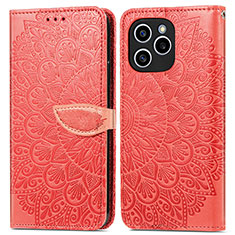 Leather Case Stands Fashionable Pattern Flip Cover Holder S04D for Huawei Honor 60 SE 5G Red