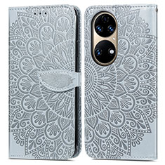 Leather Case Stands Fashionable Pattern Flip Cover Holder S04D for Huawei P50 Pro Gray