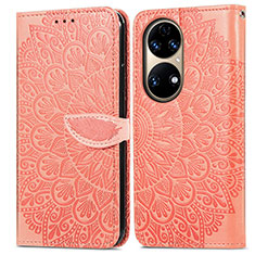 Leather Case Stands Fashionable Pattern Flip Cover Holder S04D for Huawei P50 Pro Orange