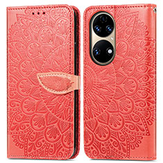 Leather Case Stands Fashionable Pattern Flip Cover Holder S04D for Huawei P50 Pro Red