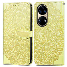 Leather Case Stands Fashionable Pattern Flip Cover Holder S04D for Huawei P50 Pro Yellow